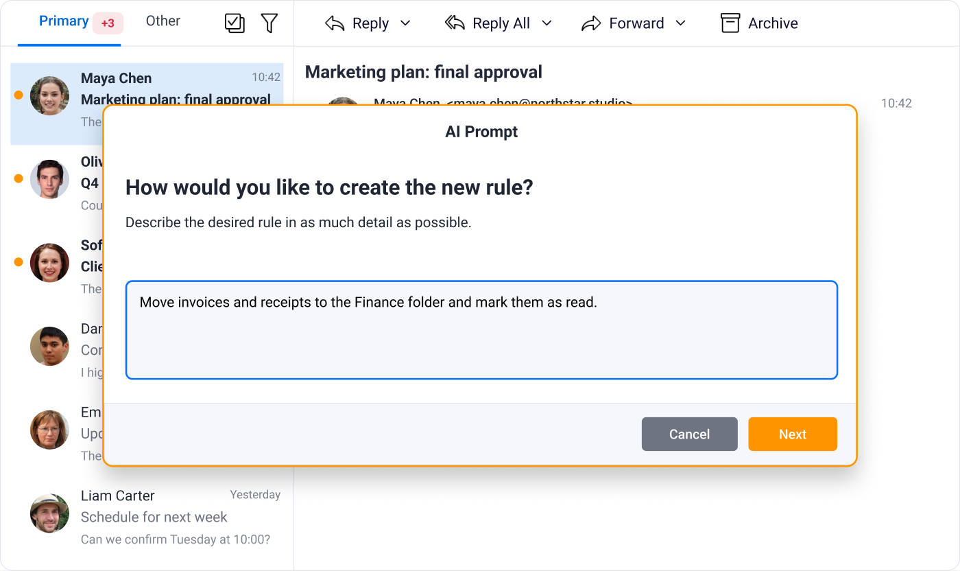 eM Client: Tworzenie reguł za pomocą AI